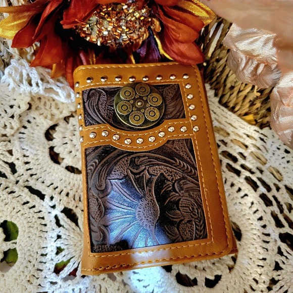 Bullet Concho Western Mens Wallet Trifold Faux Leather Floral Embossed Brown - Picture 1 of 11